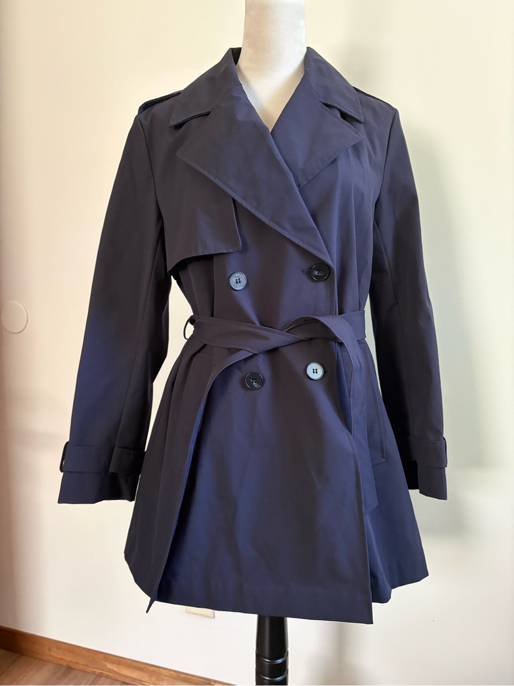 Zara Navy Blue Double Breasted Short Trench Coat Jacket Belted Size Small